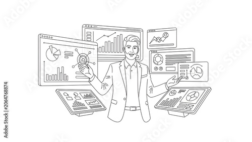 Businessman Presenting Data Analytics Dashboards with Charts and Graphs, Line Art Vector Illustration
