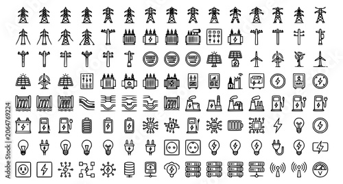 Photos Electric tower and power industry icon collection with transmission and energy s