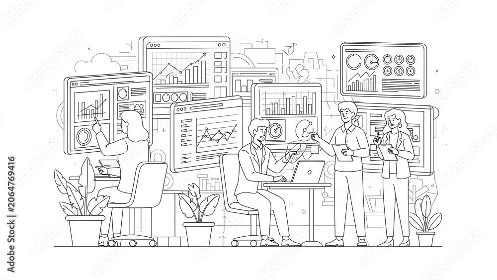 Obraz premium Business team analyzing financial data on digital dashboard screens in modern office line art illustration