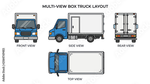Foto Multi-View Box Truck Layout: Front, Side, Rear, Top Views
