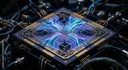 Close up view of a futuristic quantum computing microchip processor glowing with bright blue and purple fiber optic light trails