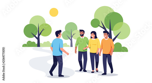 Foto A man in a blue shirt greets a group of three friends while walking along a winding path in a sunny green park with stylized trees