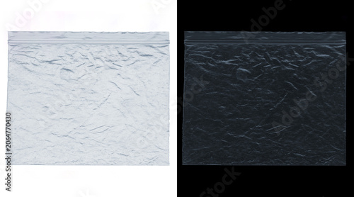Tableau sur toile Crumpled plastic texture overlay, wrinkled transparent poly bag on white and bla