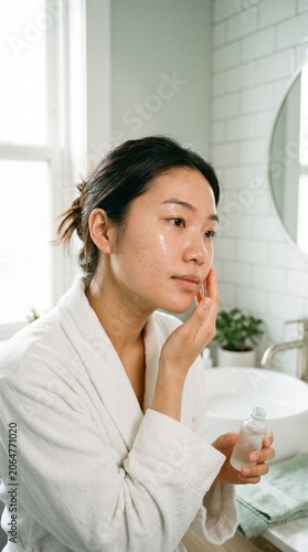 Young Asian woman in a white bathrobe applying facial serum in a bright bathroom