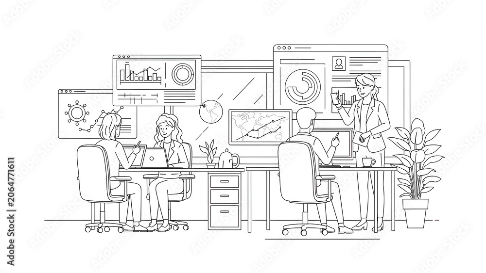 Obraz premium Business Team Working in Modern Office with Data Dashboards and Analytics Charts Line Art Illustration