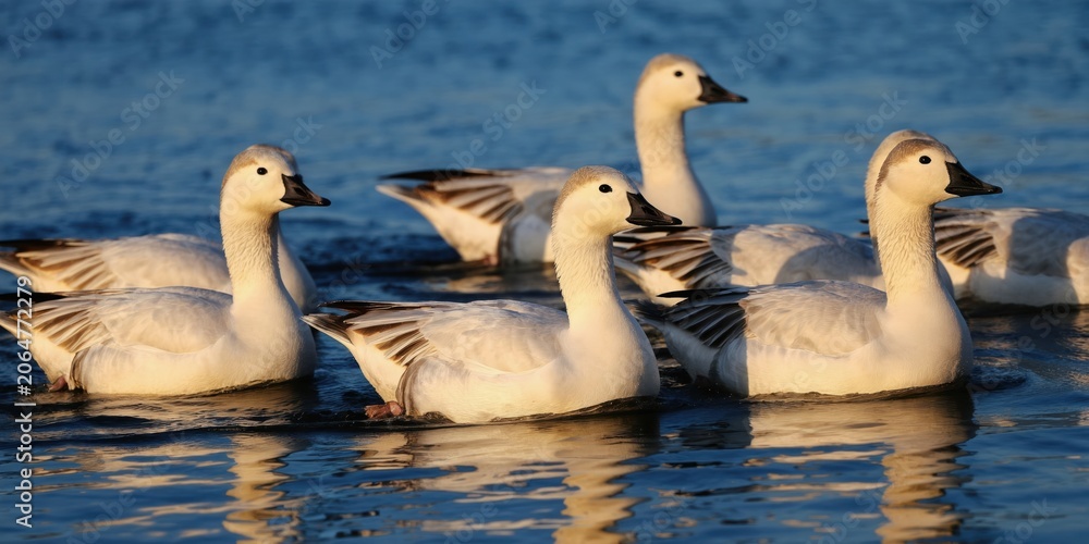 Fototapeta premium Group of white snow geese swim on blue water surface. Birds move together on pond or lake. Wildlife scene with waterfowl in natural habitat. Calm water reflects sunlight on birds.