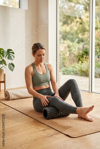 Fit woman in sportswear using a black foam roller for leg muscle recovery on a yoga mat in a bright, modern living room