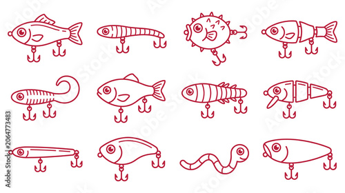 Schilderij op canvas Fishing lures in different shapes and styles with hooks for catching fish