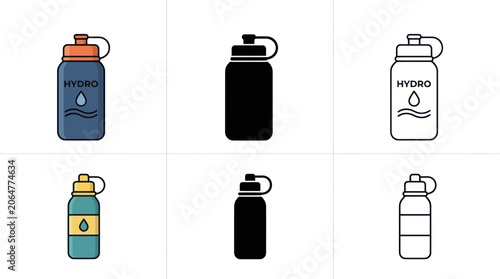 Foto Set of water bottle icons: colored, silhouette, and outline styles