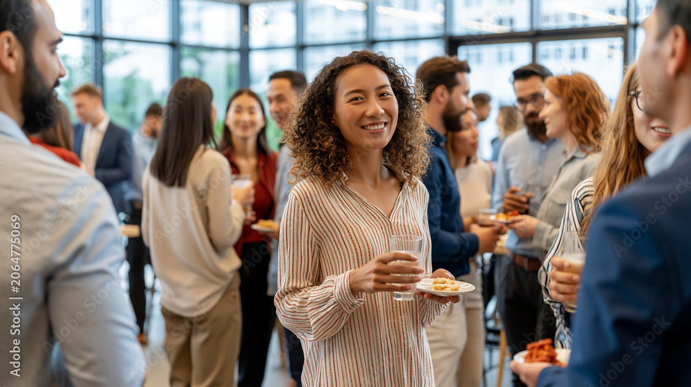 Fototapeta premium Networking Event Mixer: A diverse group of professionals mingling and networking at a lively indoor event, holding drinks and appetizers, with a woman smiling at the camera in the foreground.