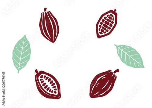 Artistic woodcut cacao pod illustration, elegant vintage linocut block print style with hand-carved chocolate beans and rustic paper texture ／ 版画カカオのイラスト