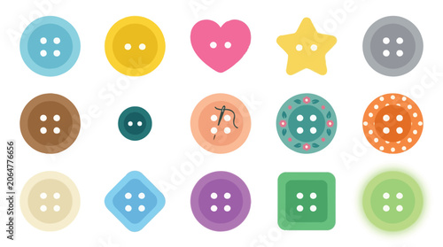 Foto Collection of colorful sewing buttons in various shapes and sizes, isolated on white background