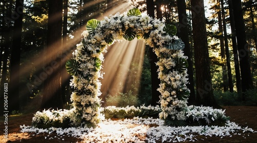 Forest wedding arch decorated with white flowers and tropical leaves. Sunbeams stream through tall trees creating a magical, ethereal atmosphere for a solemnization ceremony.