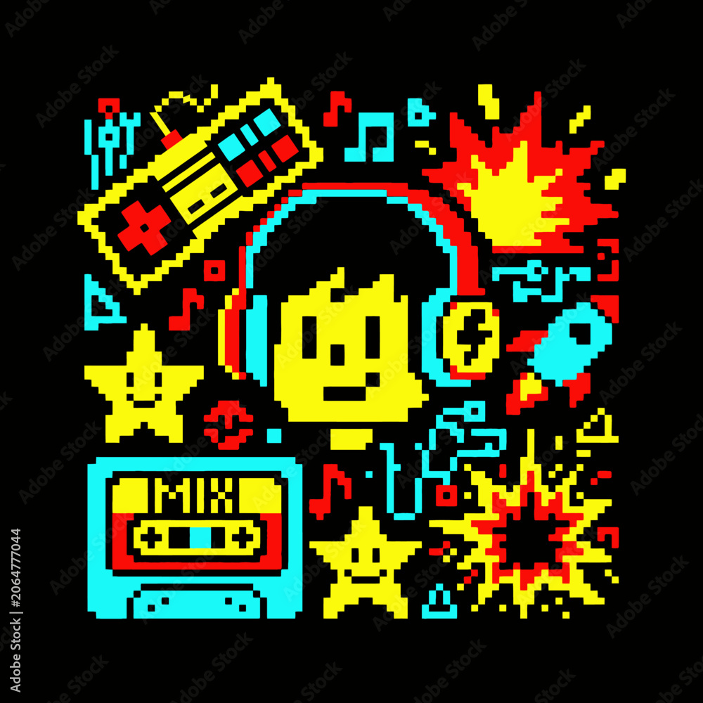 Obraz premium Retro Pixel Art Gamer Boy with Headphones Cassette Tape and Gaming Controller Illustration.