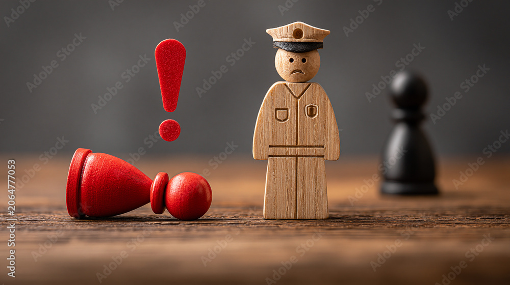 Obraz premium Disappointed Officer and Fallen Pawn: A wooden figurine of a uniformed officer stands dejected, beside a fallen red pawn and an exclamation mark, with a black pawn in the background.