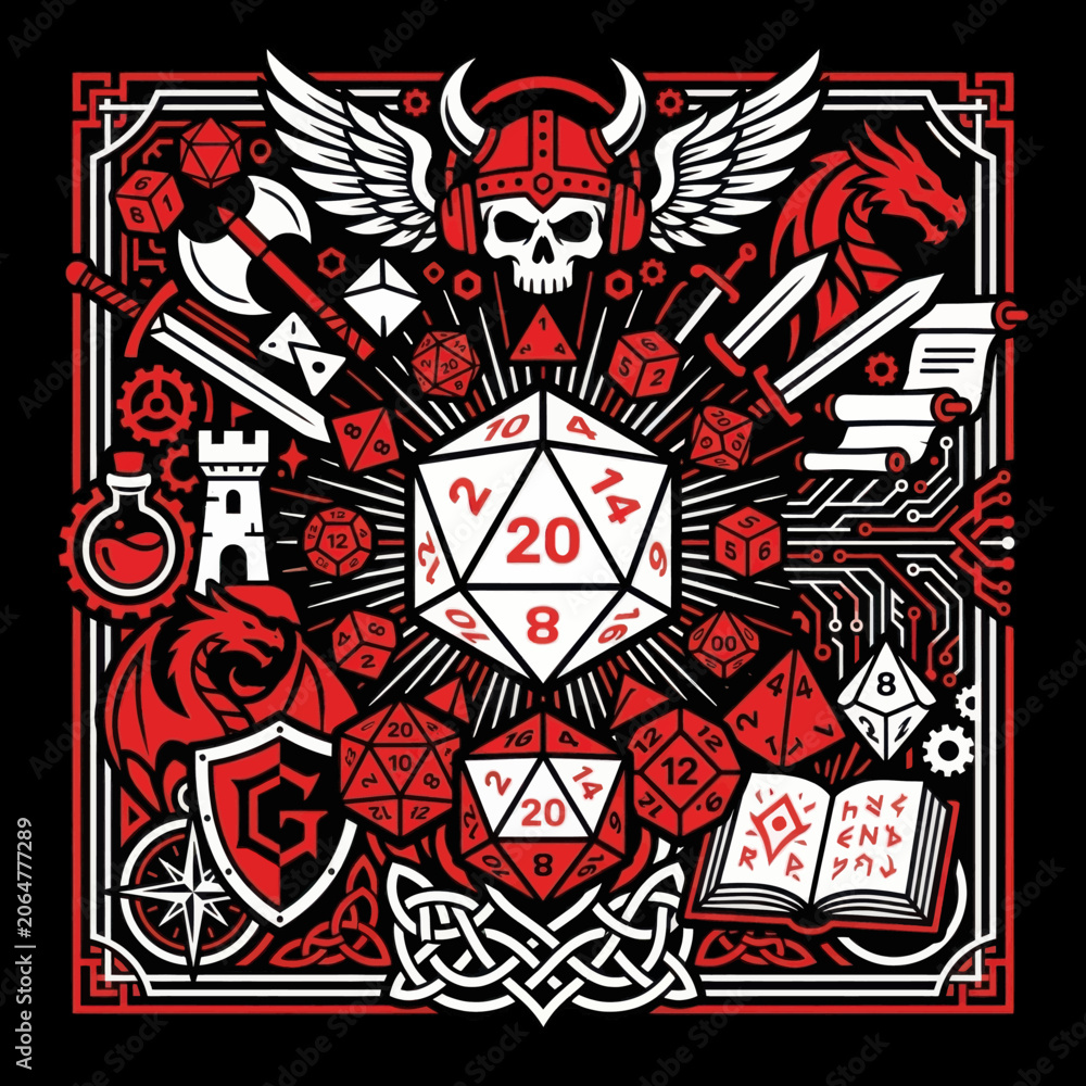 Obraz premium Tabletop Roleplaying Game Illustration with Polyhedral Dice Skull Dragon and Fantasy Weapons in Red and White.