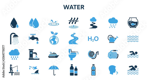 Water icons, symbols and signs, hydration concept, flat design