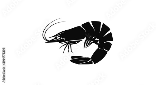 Black silhouette of shrimp on white background, seafood concept, simple illustration