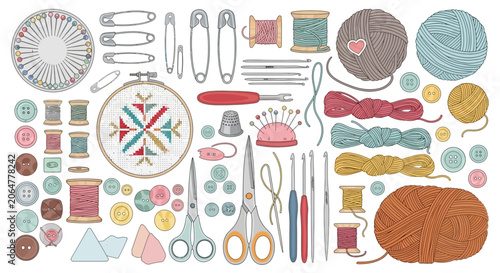 фотографія Sewing tools and supplies, colorful craft background, DIY concept