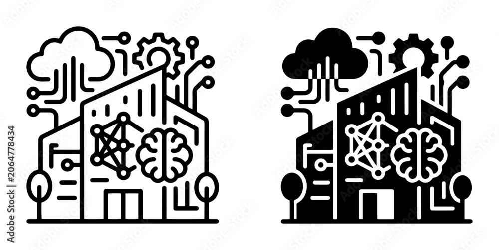Obraz premium Smart building technology icons, outline and solid, for smart city and AI concepts