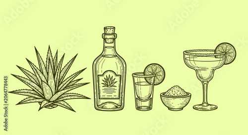 Canvas Print Tequila bottle, glasses, and ingredients, cocktail party concept, lime and salt