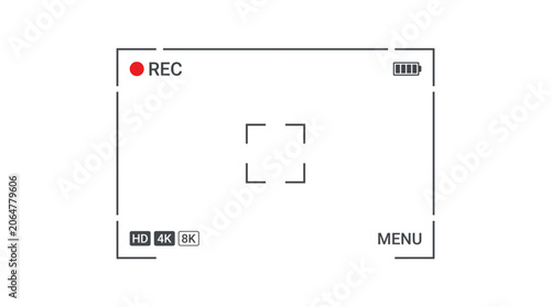 Camera viewfinder interface graphic with recording indicator and focus frame.