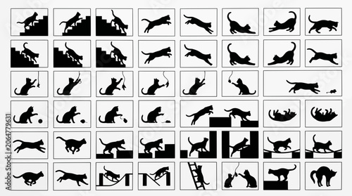 Cat movement animation frames showing jumping, running, and climbing poses.