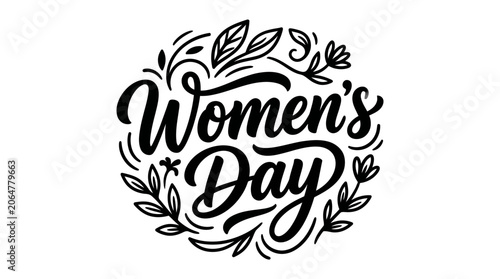 Circular floral wreath with Women's Day hand drawn lettering for holiday design.