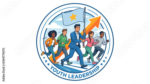 Circular emblem for youth leadership featuring diverse people running with a flag.