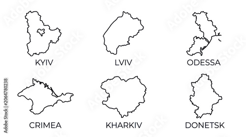 Foto Ukraine Regions Outline Maps: Kyiv, Lviv, Odesa, Crimea, Kharkiv, Donetsk