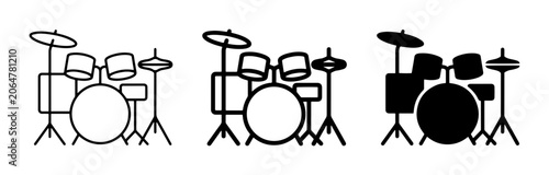 Drum set icons, outline and silhouette, for music and performance concepts
