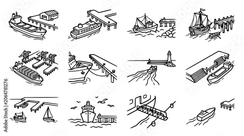 Photos Nautical Scene Collection: Ships, Boats, Docks, and Piers - Hand-Drawn Icons