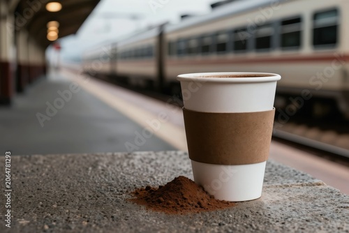 Paper cup of hot cocoa powder sits on platform next to train tracks. A passenger waits for transportation with warm beverage for trip. Early morning journey begins.