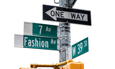 Fashion or 7th Avenue and West 39th St. street signs in New York City. Transparent background.