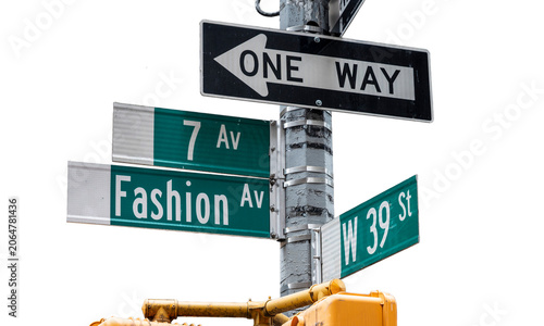 Fashion or 7th Avenue and West 39th St. street signs in New York City. Transparent background.