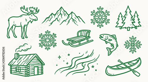 Bild auf Leinwand Collection of hand-drawn winter and nature icons including a moose, mountains, snowflakes, trees, cabin, aurora borealis, sled, fish, and canoe