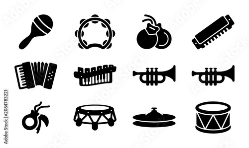Bild auf Leinwand Musical instruments icon set maracas, tambourine, castanets, harmonica, accordio