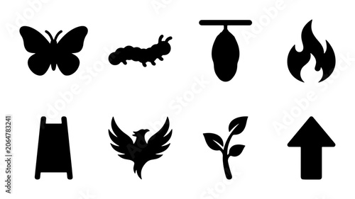 Schilderij op canvas Nature and growth icon set butterfly, caterpillar, chrysalis, fire, phoenix, pla