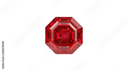 A vibrant red octagonal-cut ruby gemstone on a white background