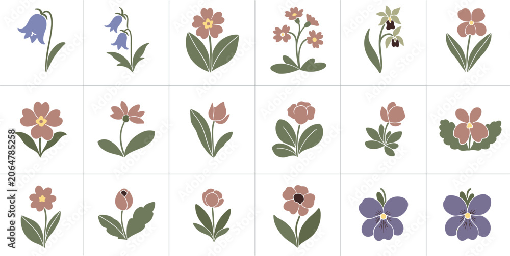 Obraz premium Soft Pastel Flower Icon Set With Minimal Botanical Blossoms And Decorative Garden Plants Vector Illustration