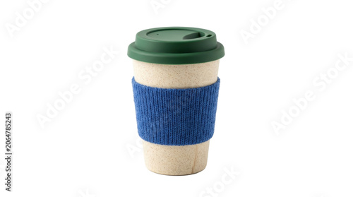 A reusable eco-friendly coffee cup with a blue knitted sleeve and green lid on a white background.