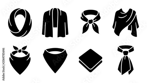 Schilderij op canvas 8 Scarves and Neckwear Silhouette Icons, Flat, for Fashion and Accessory Design