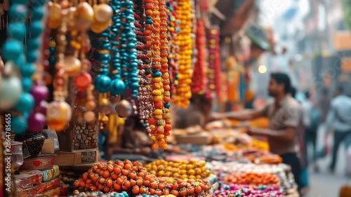 Colorful beaded necklaces at a busy market stall