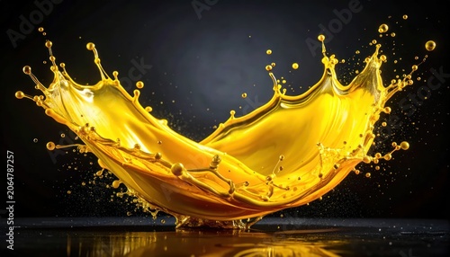 Dynamic capture of radiant golden liquid exploding outward against a dark background