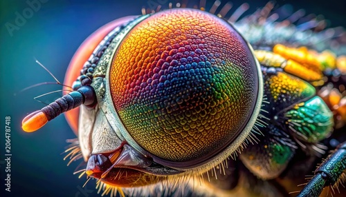 Close-up of a fly's iridescent eye, showcasing intricate detail and vibrant color