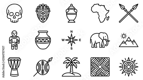 Collection of African culture and safari icons in minimalist line art.