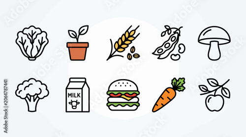 Collection of assorted food and vegetable line icons on white background.
