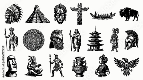 Collection of black and white icons representing global ancient wonders and cultural symbols.