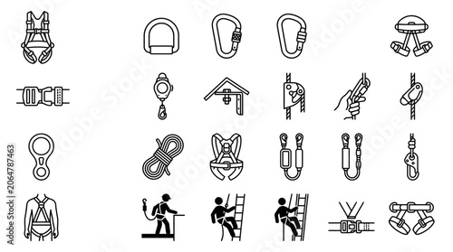 Collection of black and white icons for rock climbing gear and safety harnesses.