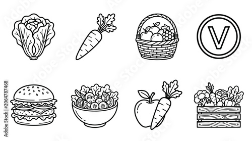 Collection of black and white line art icons for healthy and vegan food items.